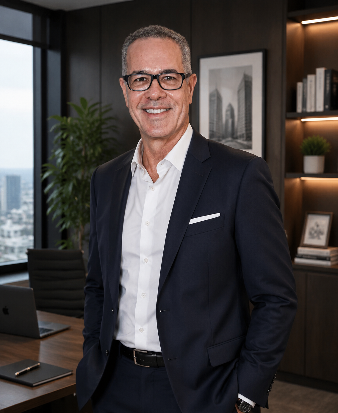 Logan Haghen, Founder of Dezignow, in a tailored navy suit standing in a sophisticated executive office with city views