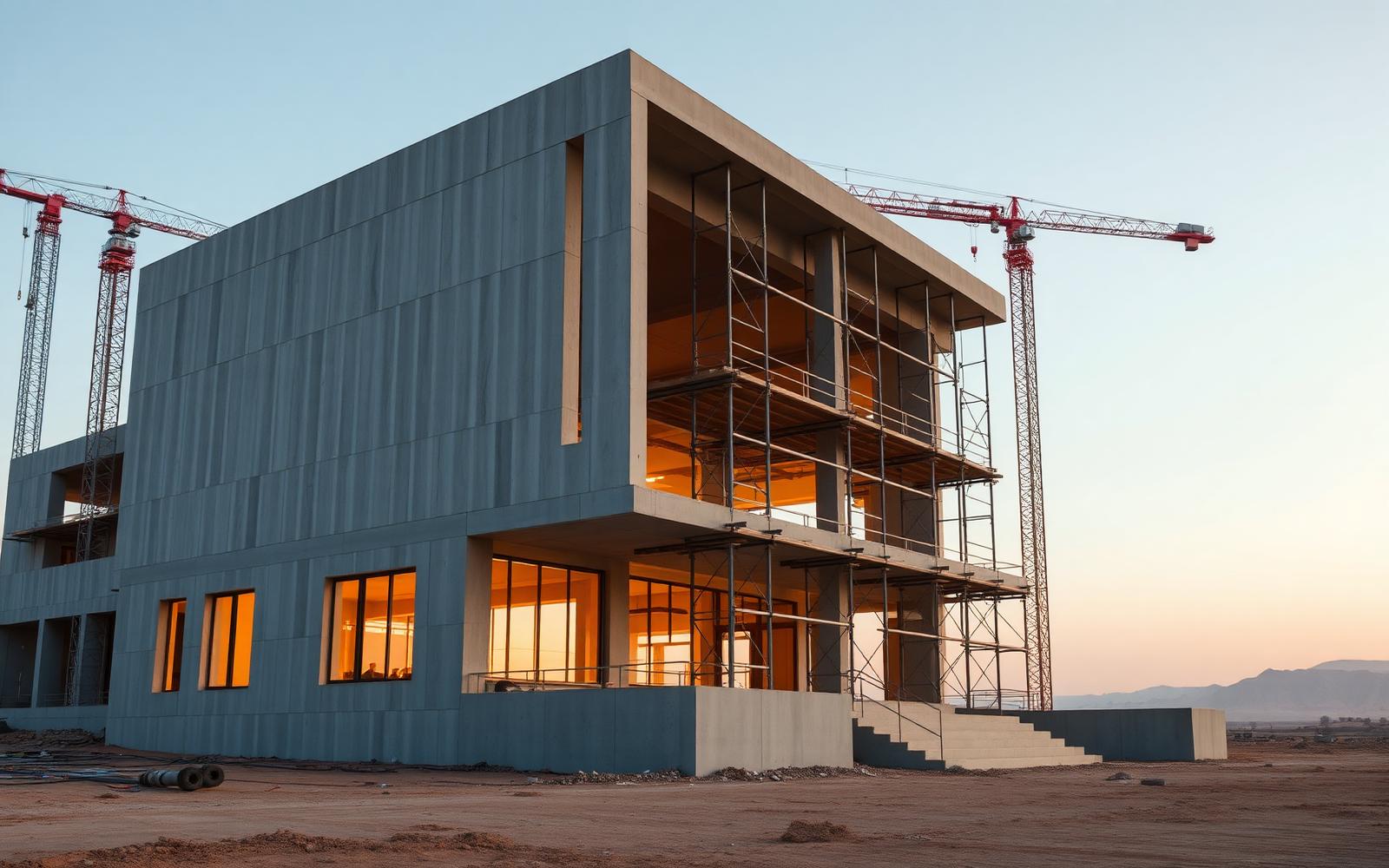 Board-formed concrete villa frame with scaffolding and cranes at golden hour