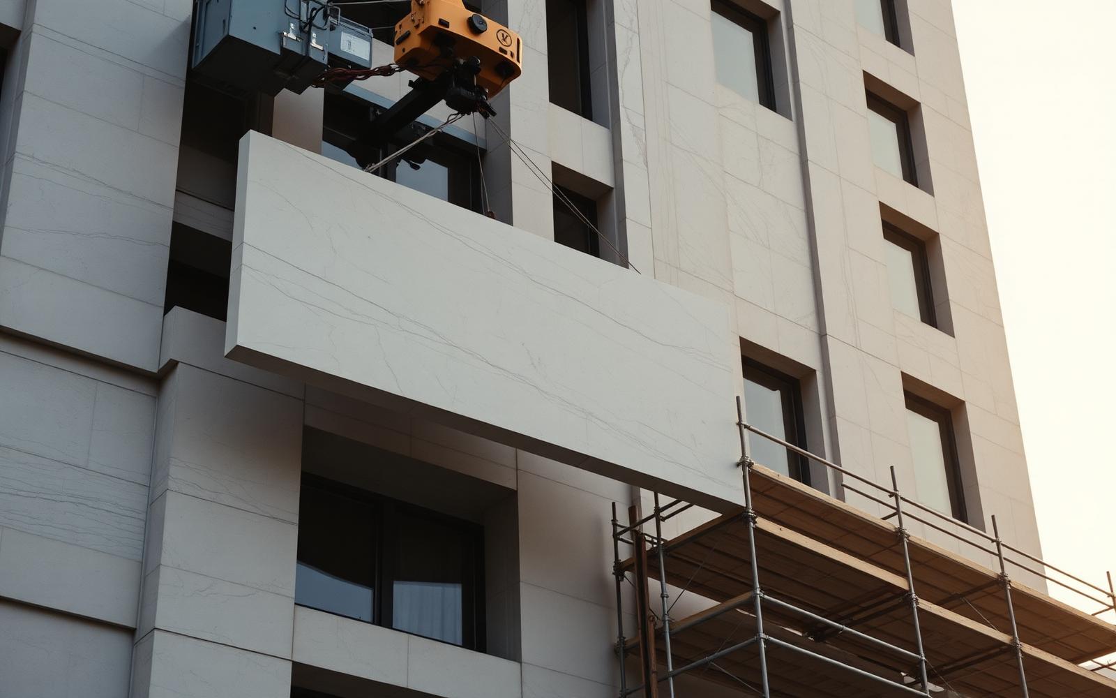 Crane lifting a large limestone cladding panel onto a facade under construction