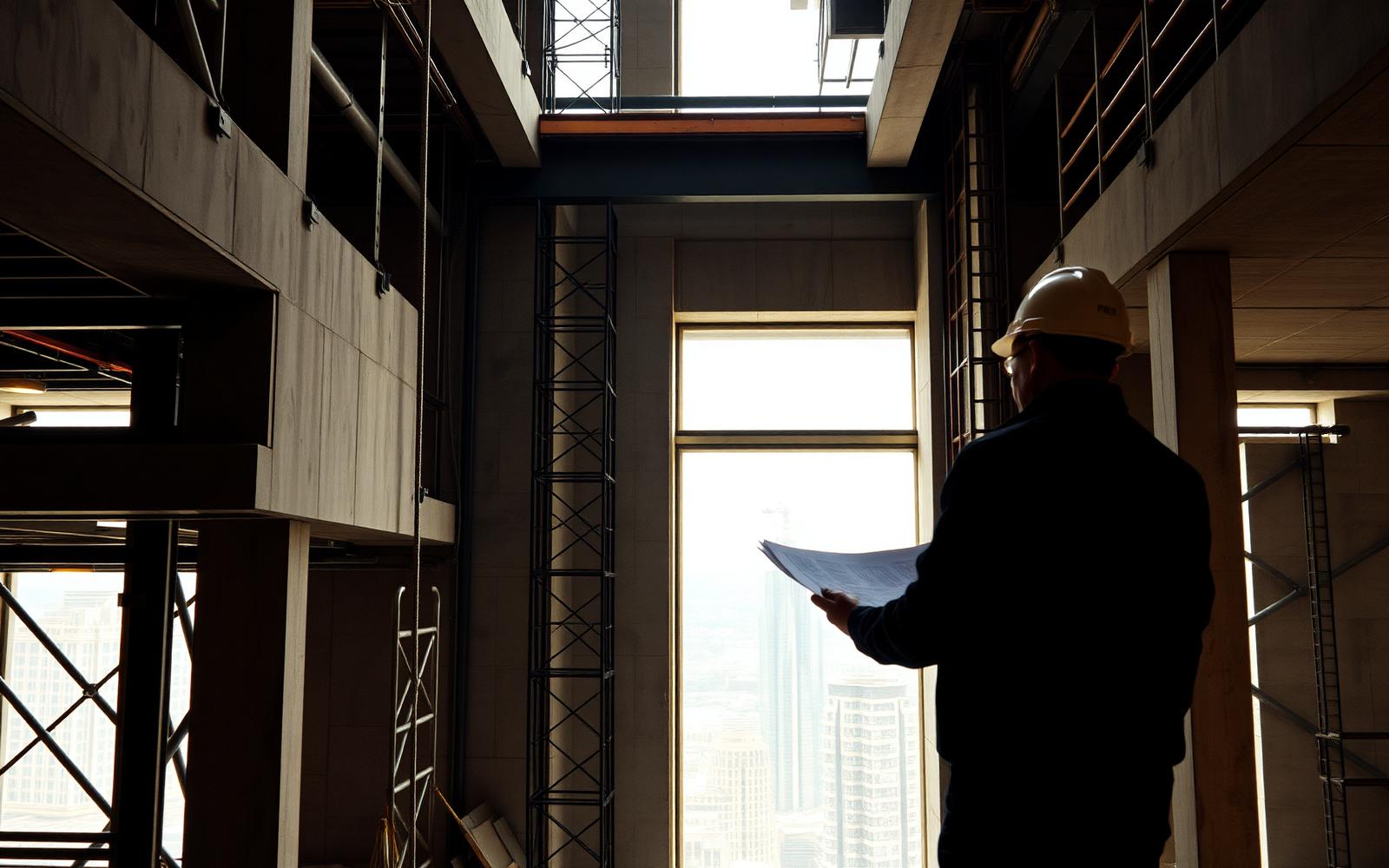 Tower interior under fit-out with steel and concrete structure and city view