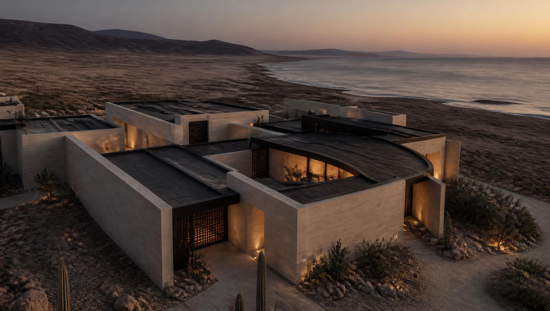 Aerial view of a sculptural low-rise complex in a coastal desert landscape at dusk