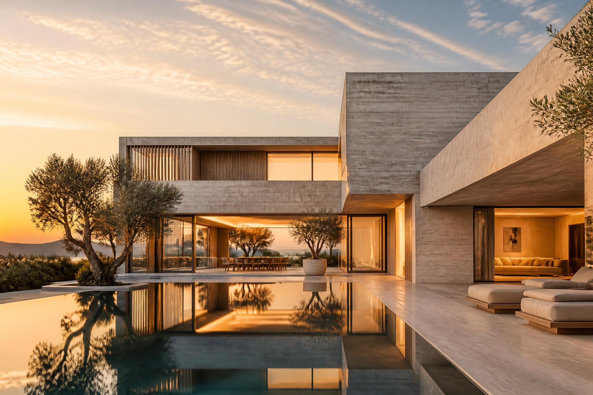 Minimalist concrete residence at dusk with warm interior glow and reflecting pool