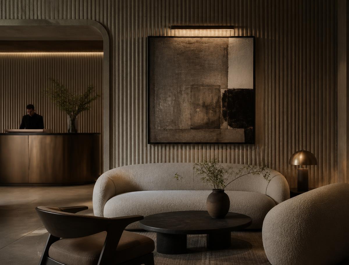 Boutique hotel lobby with fluted stone walls, bronze detailing and warm low lighting