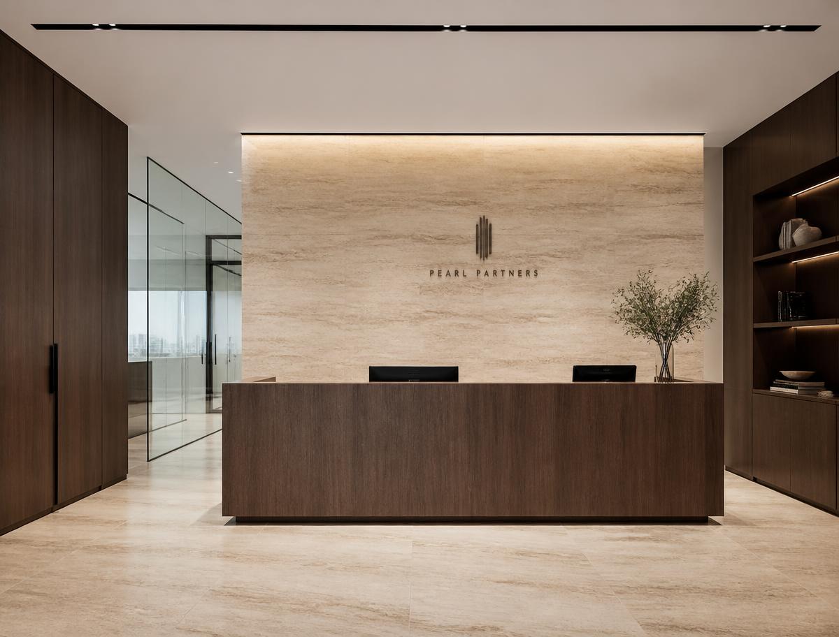Premium office reception with travertine wall and dark oak desk