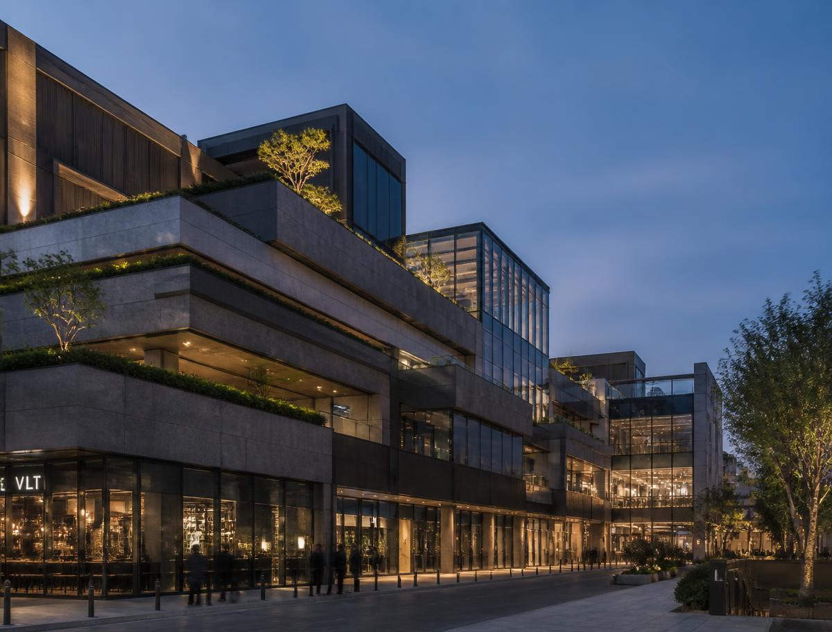 Mixed-use development at dusk with layered stone volumes and planted terraces