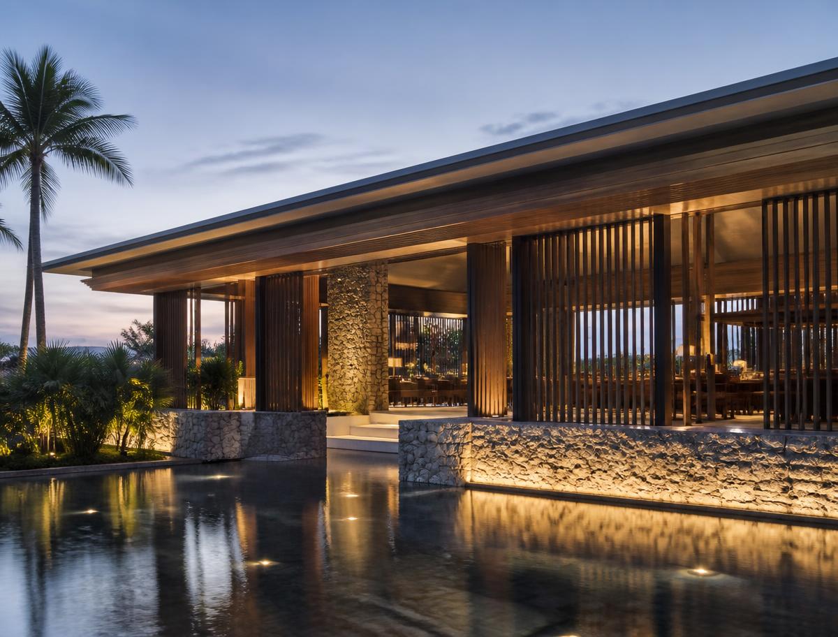 Tropical modern hospitality pavilion with timber screens above a reflecting pool