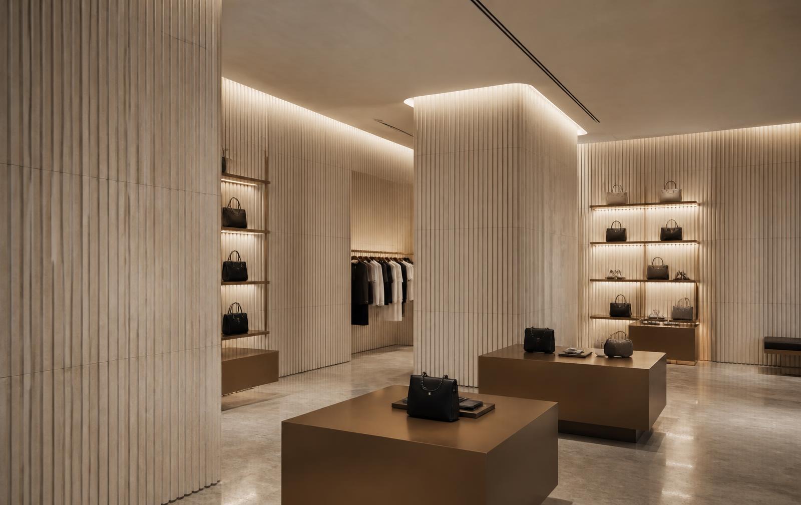 Luxury flagship retail interior with fluted travertine walls and bronze display plinths