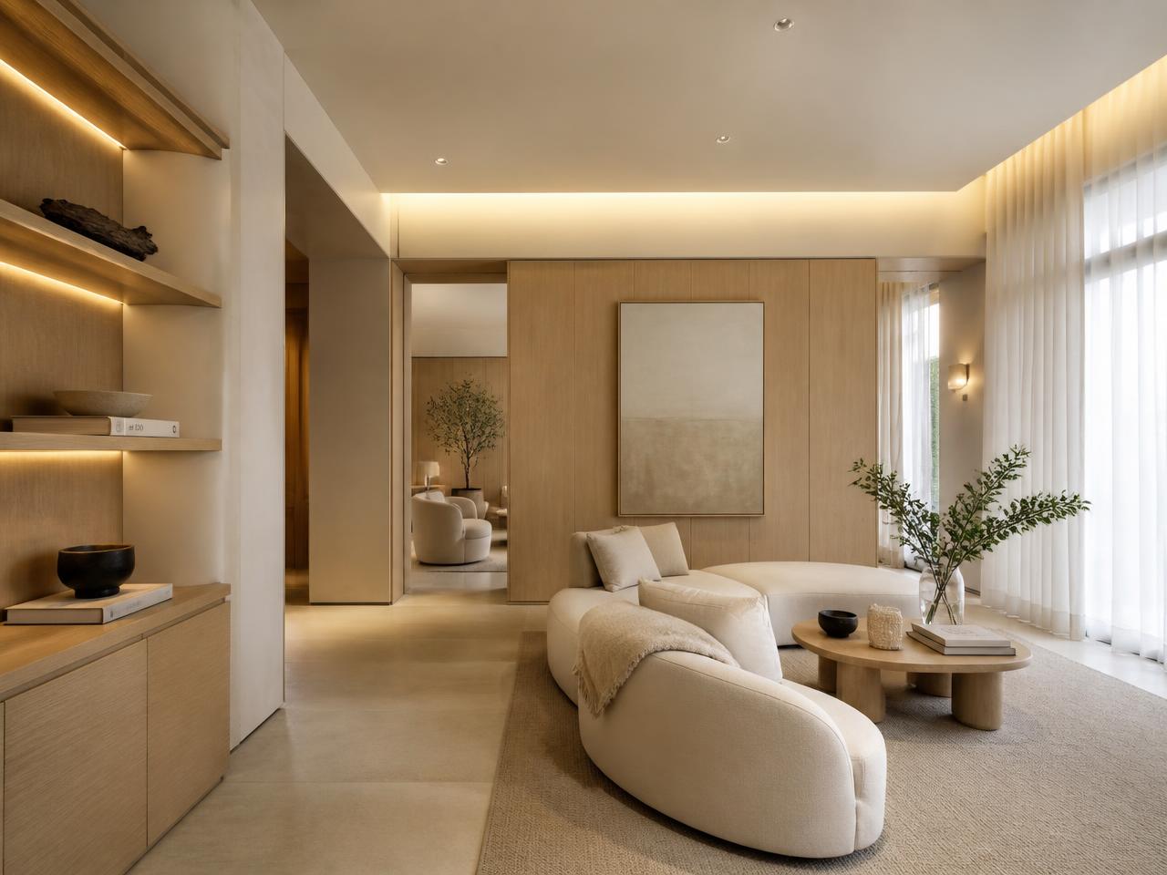 Luxury minimal interior with oak joinery and soft cove lighting